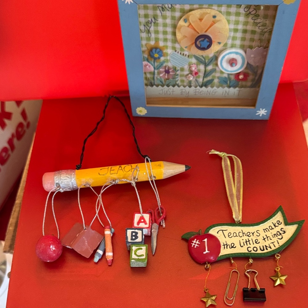 Teacher Pencil Ornament with School Charms - Yellow & Red